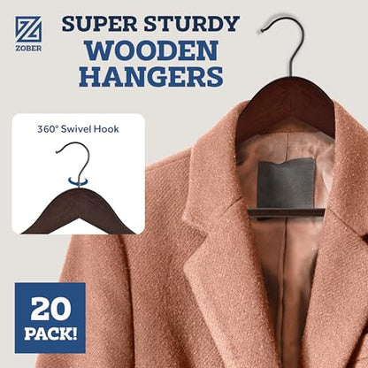 ZOBER Wooden Hangers - Heavy Duty, Non Slip Wood Hangers for Coats, Jackets, Suits, & Pants - Coat Hangers for Closet W/Bar and Notches 20 Pack
