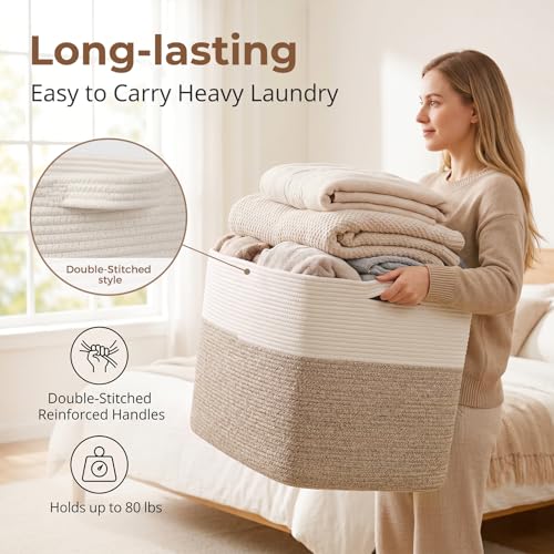 OIASKET 108L Cotton Rope Storage Basket for Living Room and Bedroom 25"x16"x16" Woven Laundry Basket, Heavy Duty Bin for Blankets, Pillows & Toys, Pet-Safe & Scratch-Free, Brown and White