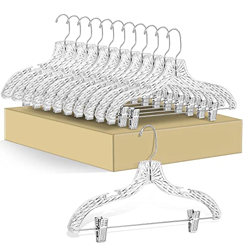 Quality Clear Plastic Skirt Hangers - 12 Pack Crystal Cut for Skirt, Pant, Dress, Suit, Coat Hangers Heavy Duty & Nonslip Design Asujtable Clips, Swival Hook, 17" inch (12, Crystal Skirt)