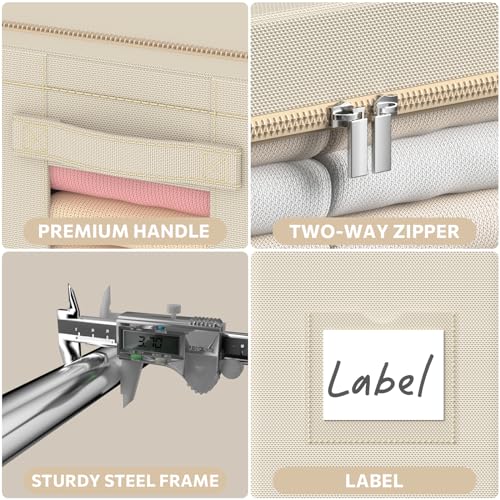 3Pack Frame Storage Box - Clothes Storage Bin Bags Oxford Fabric Foldable Stackable Container Organizer Set with Clear Window & Carry Handles Large Capacity (Beige, Small-22L)