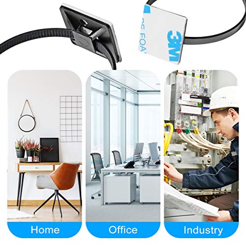 XHF 500 PCS 3/4" Black Self Adhesive Cable Zip Tie Mounts Wire Cable Clips Holders Management Anchors Organizer Holders Squares(HS-101S)