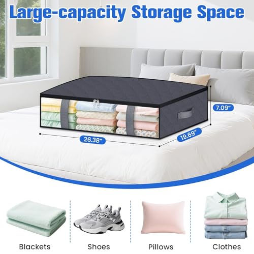 Under Bed Storage Containers, 4 Pack Blanket Storage Bags, Collapsible Storage Bags with Big Zippers, Clear Front, Shoe Storage and Organization for Clothes, Comforter, 60L, Grey