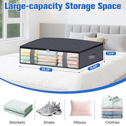 Under Bed Storage Containers, 4 Pack Blanket Storage Bags, Collapsible Storage Bags with Big Zippers, Clear Front, Shoe Storage and Organization for Clothes, Comforter, 60L, Grey