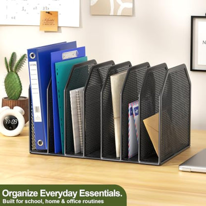 FANXIYQ Black 7-Section File Folder Organizer for Desk, Metal Vertical File Holder Stand, Desktop File Organizer Rack for Letter/A4 Folders, Papers, Books, Office Classroom Home