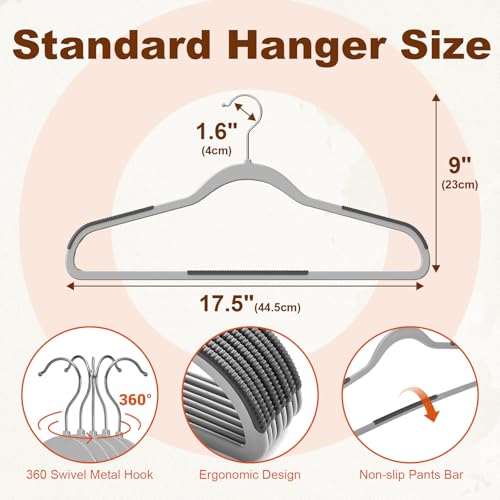 HOUSE DAY Non Slip Plastic Clothes Hangers 60 Pack with Rubber Pads, Grey | Space-Saving 0.2-Inch Slim Design; Heavy-Duty and 360° Swivel Hooks Keep Shirts, Coats, Suit, Blouse and Pants Organized