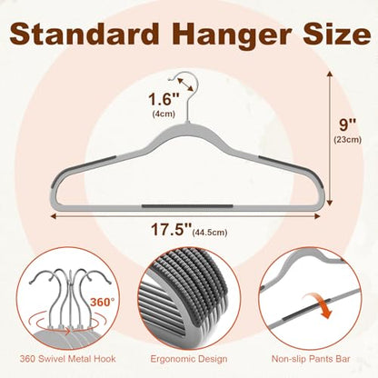 HOUSE DAY Non Slip Plastic Clothes Hangers 60 Pack with Rubber Pads, Grey | Space-Saving 0.2-Inch Slim Design; Heavy-Duty and 360° Swivel Hooks Keep Shirts, Coats, Suit, Blouse and Pants Organized
