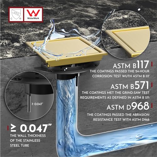 6 Inch Square Shower Drain Gold Floor Drain with Flange Reversible 2-in-1 Cover Tile Insert Grate Removable SUS304 Stainless Steel CUPC Certified Brushed Gold