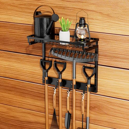 Broom Holder Wall Mount, Mop Organizer with Cleaning Tools Storage Shelf | Sturdy Metal Barn Cleaning Supplies Holder Gripper Hooks, Utility Hanger Closet Organizer for Home Improvement Garage Kitchen