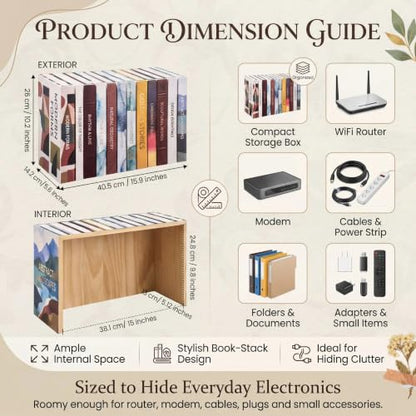 Gerrii 15.9"x10.2"x5.6" Solid Wood Hidden Book Box, Decorative Electronics Hider for Router, Cable, Modem, Cords, Plugs, Outlets – Real Hardcover Faux Books Storage Box for Bookshelf Home Decor