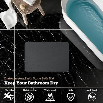 Stone Bath Mat, Quick Drying Bath Mat for Bathroom, Diatomaceous Earth Mat, Quick Dry Shower Mat, Fast Absorbent, Elegant Design, Easy to Clean - Black 23.6×15.35