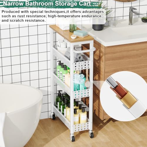Utility Slim Rolling Cart with Table Top, Narrow Laundry Room Organization and Storage Shelves for Between Washer and Dryer Gap, White Skinny Bathroom Shelf on Wheels,Small Detergent Organizer Cabinet