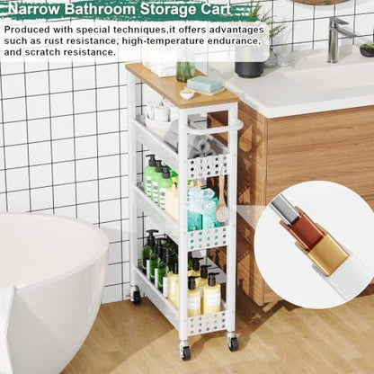 Utility Slim Rolling Cart with Table Top, Narrow Laundry Room Organization and Storage Shelves for Between Washer and Dryer Gap, White Skinny Bathroom Shelf on Wheels,Small Detergent Organizer Cabinet