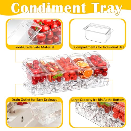 Condiment Tray, Chilled Condiment Server, Bar Accessories on Ice | Condiment Caddy for Home, Party and Celebration, Bar Accessories with Removable Trays and Lids (5 Spoons & 2 Tongs)