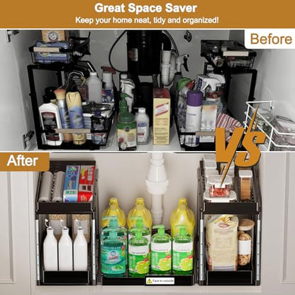 NIUXX Expandable Under Sink Organizer: 2 Tier Height Adjustable | Under Cabinet Organizer - Double Pull Out Shelf Under Sink Storage for Kitchen - Bathroom and Laundry Room - Space Saving