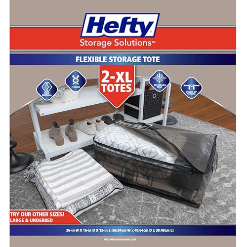 Hefty Storage Bags Extra Large Double Zipper Backpack, Heavy Duty Water Resistant Moving Totes with Shoulder Straps, Foldable Reusable Packing Organizers, 2 Pack (X-Large Black)