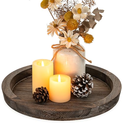 Hanobe Wooden Tray for Coffee Table, Decorative Round Candle Holder Plate | 11.2" Vintage Dining Table Centerpiece, Rustic Farmhouse Home Decor Serving Tray, Brown