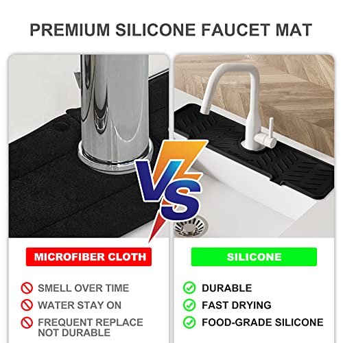Silicone Faucet Mat for Kitchen Sink – Gen 2 Splash Guard with Upgraded Outlet & Slope – 18” x 5.1” Water Catcher & Sink Sponge Holder for Kitchen and Bathroom (Black)