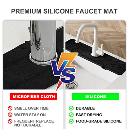 Silicone Faucet Mat for Kitchen Sink – Gen 2 Splash Guard with Upgraded Outlet & Slope – 18” x 5.1” Water Catcher & Sink Sponge Holder for Kitchen and Bathroom (Black)