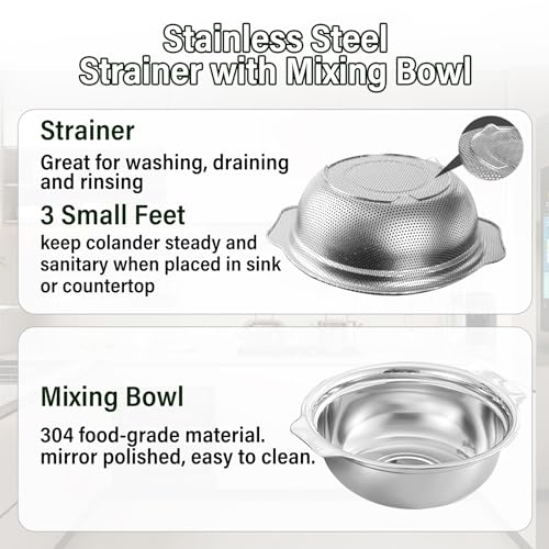 Stainless Steel Colander for Kitchen, 2.5QT Rice Washer Strainer with Mixing Bowl, Colander Bowl Set with Microporous for Washing Rice, Pasta, Spaghetti, Fruits, Dishwasher Safe(2PC)