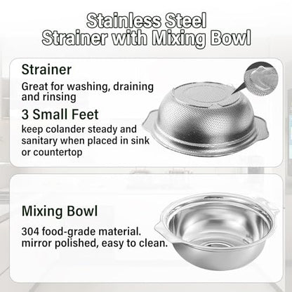 Stainless Steel Colander for Kitchen, 2.5QT Rice Washer Strainer with Mixing Bowl, Colander Bowl Set with Microporous for Washing Rice, Pasta, Spaghetti, Fruits, Dishwasher Safe(2PC)