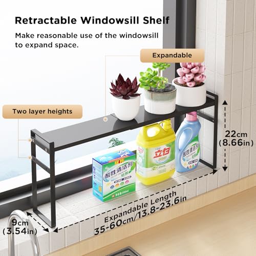 Expandable Narrow Shelf Organizer with 2-Level Adjustable Height | Black, Tall Countertop Organizer for Tight Spaces, Windowsill Plant Stand, Over-Sink/Faucet Shelf, Kitchen Counter Storage