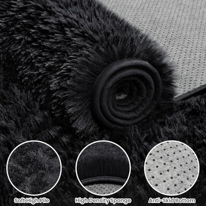 6x9 Black Fluffy Fuzzy Shag Area Rug for Living Room, Bedroom, Dorm Carpet | Ultra Soft, Non-Slip & No-Shedding, Plush, Cozy Modern Indoor Floor Home Decor for Kid Rooms, Nursery, Girl Playroom, Office