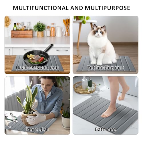 Large Stone Dish Drying Mat for Kitchen Counter 24x16 Inch - Super Absorbent Quick Dry Diatomaceous Earth with PU Leather, Foldable Space Saving Stone Bath Mats for bathroom