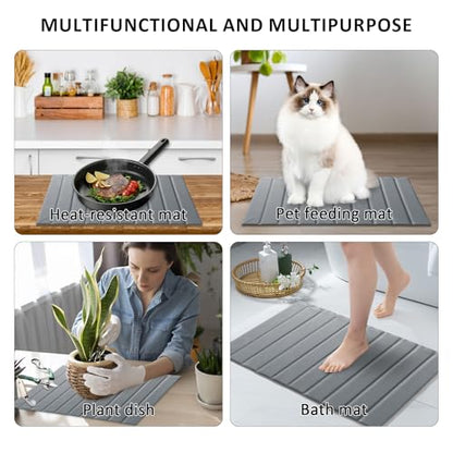 Large Stone Dish Drying Mat for Kitchen Counter 24x16 Inch - Super Absorbent Quick Dry Diatomaceous Earth with PU Leather, Foldable Space Saving Stone Bath Mats for bathroom