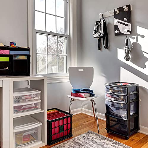 Homz 4 Drawer Plastic Storage and Organizer Cart, Rolling Cabinet for Home, Office, Classroom, Craft, Art Supplies, Black Frame/Tinted Drawers | Plastic Organizer with Clear Bin Drawers for Bedroom, Bathroom, Home Office, and Dorm Rooms