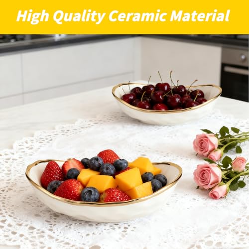 2 Tier Ceramic Fruit Bowl for Kitchen Counter with Metal Rack, Fruit Basket with Stand, Porcelain Bowls for Vegetable Bread Candy Snack Nuts Dessert Cake Tray (Gold 2 layer)