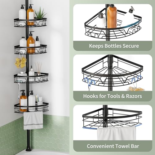KEGII Corner Shower Caddy Tension Pole, Fan-Shaped Large Capacity Organizer | Towel Bar, Hooks and Razor Holder, Adjustable 52-114.2 inch Rustproof Steel Pole for No Drill Bathroom Storage