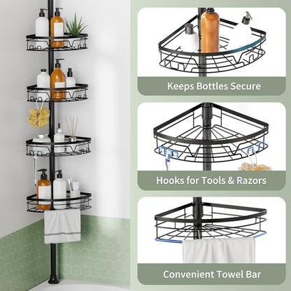 KEGII Corner Shower Caddy Tension Pole, Fan-Shaped Large Capacity Organizer | Towel Bar, Hooks and Razor Holder, Adjustable 52-114.2 inch Rustproof Steel Pole for No Drill Bathroom Storage