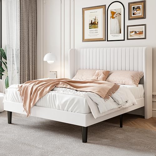 Full Size Velvet Bed Frame, Tufted Wingback Headbo... (White | Fabric)