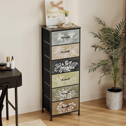 Vintage Dresser Vertical Nightstand with Neutral Botanical Plant Fabric Chest Drawers for Closet Bathroom Storage Tower Unit Bed Side Organizer Farmhouse Rustic (Multi, 6 Drawers)