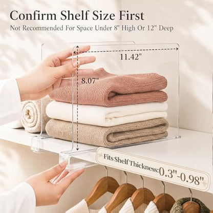 Shelf Dividers Purse Organizer for Closet: Acrylic Clear 8 Pack | Bag Storage Organizer for Handbags, Clutches, Clothes, Sweater, Towel on Wood Shelves