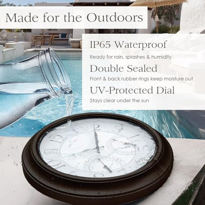 18" Illuminated Outdoor Clocks for Patio Waterproof | Adjustable Thermometer & Hygrometer,Oil Rubbed Bronze Black, IP65 Weatherproof & Easy to Read for Patio,Pool & Home Decor