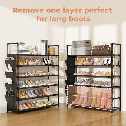 LANTEFUL 6 Tier Shoe Rack, Shoe Organizer Storage for 24-30 Pairs Shoe and Boot, Long Shoe Shelf with Hook and Side Pocket Free Standing Tall Shoe Rack Organizer for Closet, Entryway, Dorm