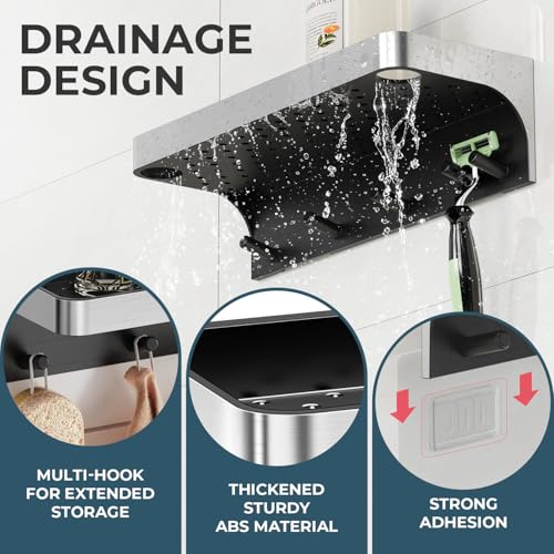 Shower Caddy Adhesive with 5 Hooks & Drainage, No-Drill, Silver | Plastic Wall Bathroom Shelf Rack Organizer, Inside Shower Storage Holder for Bath Accessories, Rustproof Bathroom Shelves