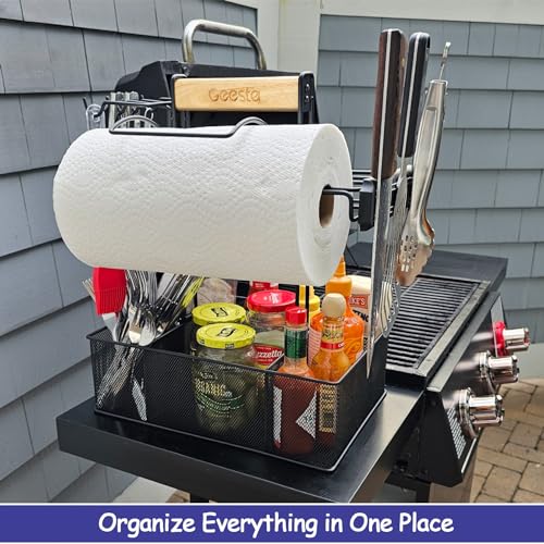Grill Caddy for Outdoor Grill, BBQ Picnic Camping Caddy with Paper Towel Holder & Magnetic Tool Holder, Condiment Storage Utensil Kitchen Organizer for RV Camper, Tailgate Accessories