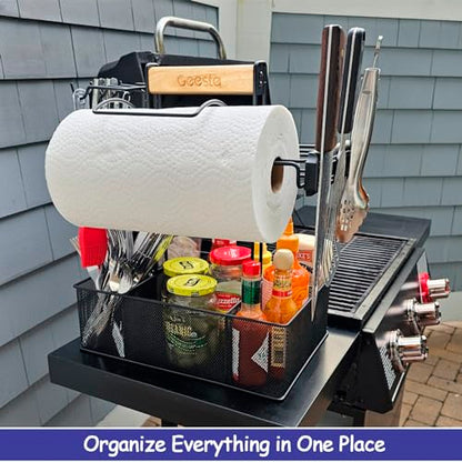 Grill Caddy for Outdoor Grill, BBQ Picnic Camping Caddy with Paper Towel Holder & Magnetic Tool Holder, Condiment Storage Utensil Kitchen Organizer for RV Camper, Tailgate Accessories