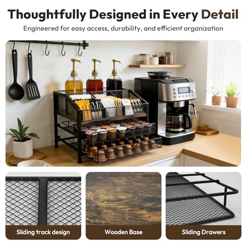 Coffee Bar Organizer with 3 Syrup Pumps, 3-Tier Coffee Station Organizer for Countertop, Rustic Wood & Metal Holder for K Cup, Storage for Coffee Pods, Syrup Bottles, Tea Bags, Cups & Stirrer