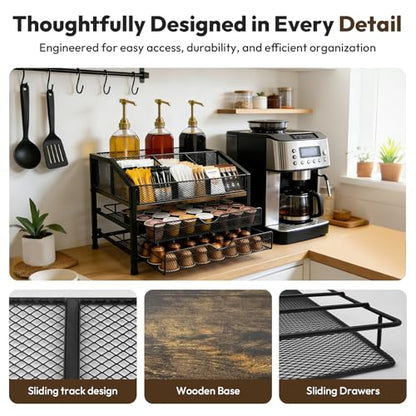Coffee Bar Organizer with 3 Syrup Pumps, 3-Tier Coffee Station Organizer for Countertop, Rustic Wood & Metal Holder for K Cup, Storage for Coffee Pods, Syrup Bottles, Tea Bags, Cups & Stirrer