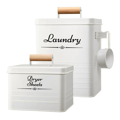 Farmhouse Metal Laundry Pods Container with Dryer Sheet Holder for Organization and Storage, Laundry Room Decor - Holds 156 Pods and 300 Sheets (White)