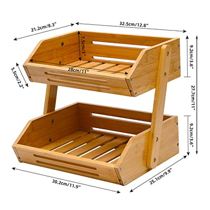 Fruit Basket, 2 Tier Bamboo Fruit Basket for Kitchen, 11" Tall Fruit Stand Storage Holder, Heavy Duty/Large Capacity for Vegetables, Fruit, and Snack, 15 mm Thickness (Self-assembly)