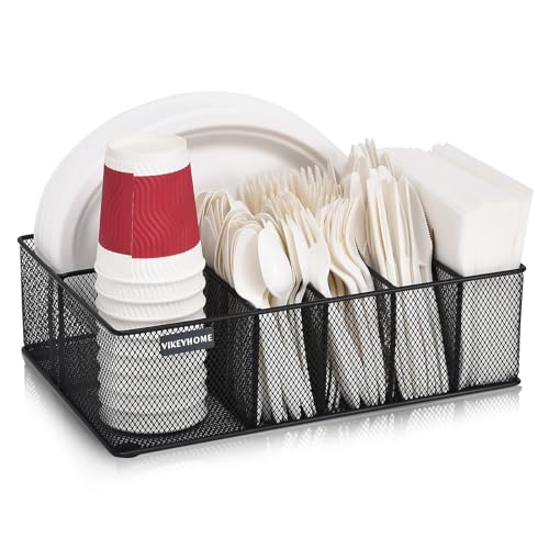 Paper Plate Organizer for Countertop, Black | Silverware Caddy with 6 Compartments for Cup, Napkin, Utensil Holder Caddy for Party, Camping, Picnic