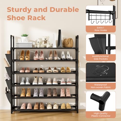 LANTEFUL 6 Tier Shoe Rack, Shoe Organizer Storage for 24-30 Pairs Shoe and Boot, Long Shoe Shelf with Hook and Side Pocket Free Standing Tall Shoe Rack Organizer for Closet, Entryway, Dorm