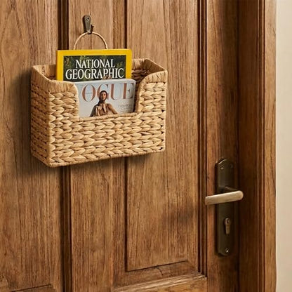 Magazine Holder Wall Basket Water Hyacinth Woven Mail Organizer, Wicker Wall Hanging Baskets for Magazines, Letters & Storage Decorative Mail Holder, Magazine Rack, Hanging Basket 11.8x4.3x7.9 Inch