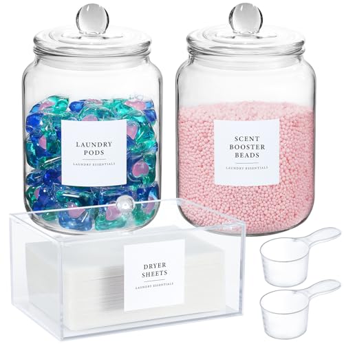 Glass Jars and Dryer Sheet Holder, Dispenser Set with Lids and Labels, Containers for Laundry Room Organization and Storage, Half Gallon Airtight Glass jars, Acrylic Storage Box for Laundry supplies,