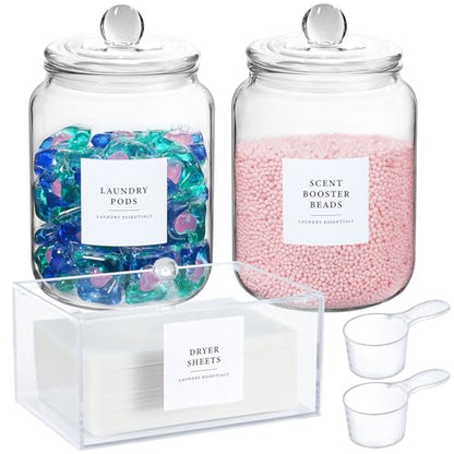 Glass Jars and Dryer Sheet Holder, Dispenser Set with Lids and Labels, Containers for Laundry Room Organization and Storage, Half Gallon Airtight Glass jars, Acrylic Storage Box for Laundry supplies,