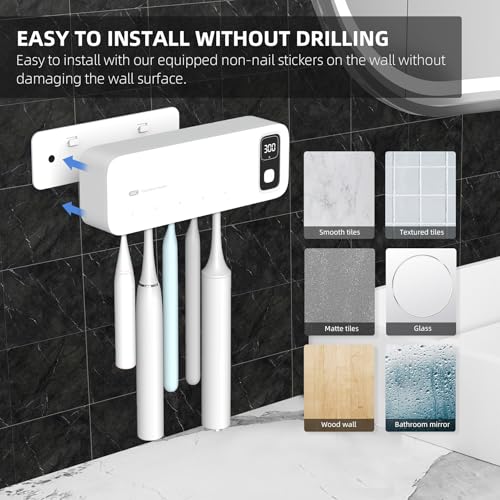 UV Toothbrush Sanitiizer and Holder, 360 Saniti & Air Drying, Timed Toothbrush Holders for Bathrooms, 2200mAh Rechargeable Cordless Wall Mounted Home Toothbrush Sterilizer